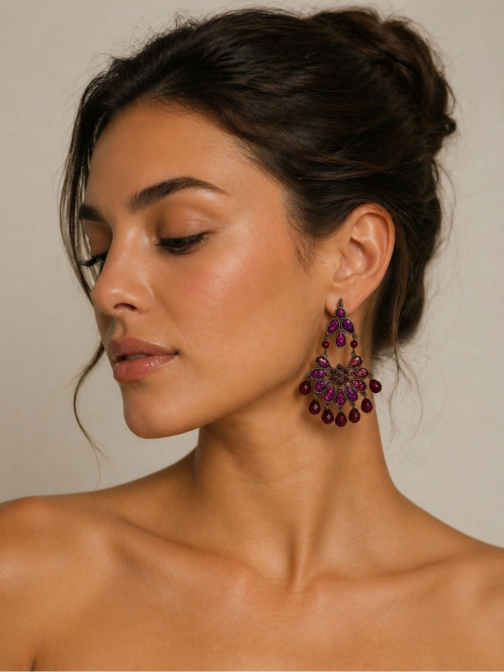 Purple feather dangle hoop vintage earrings